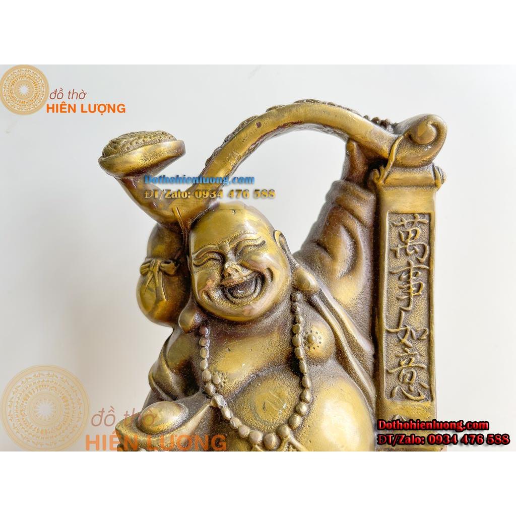 Tượng Phật Di Lặc Vác Gậy Như Ý Bằng Đồng Vàng Cao 19cm