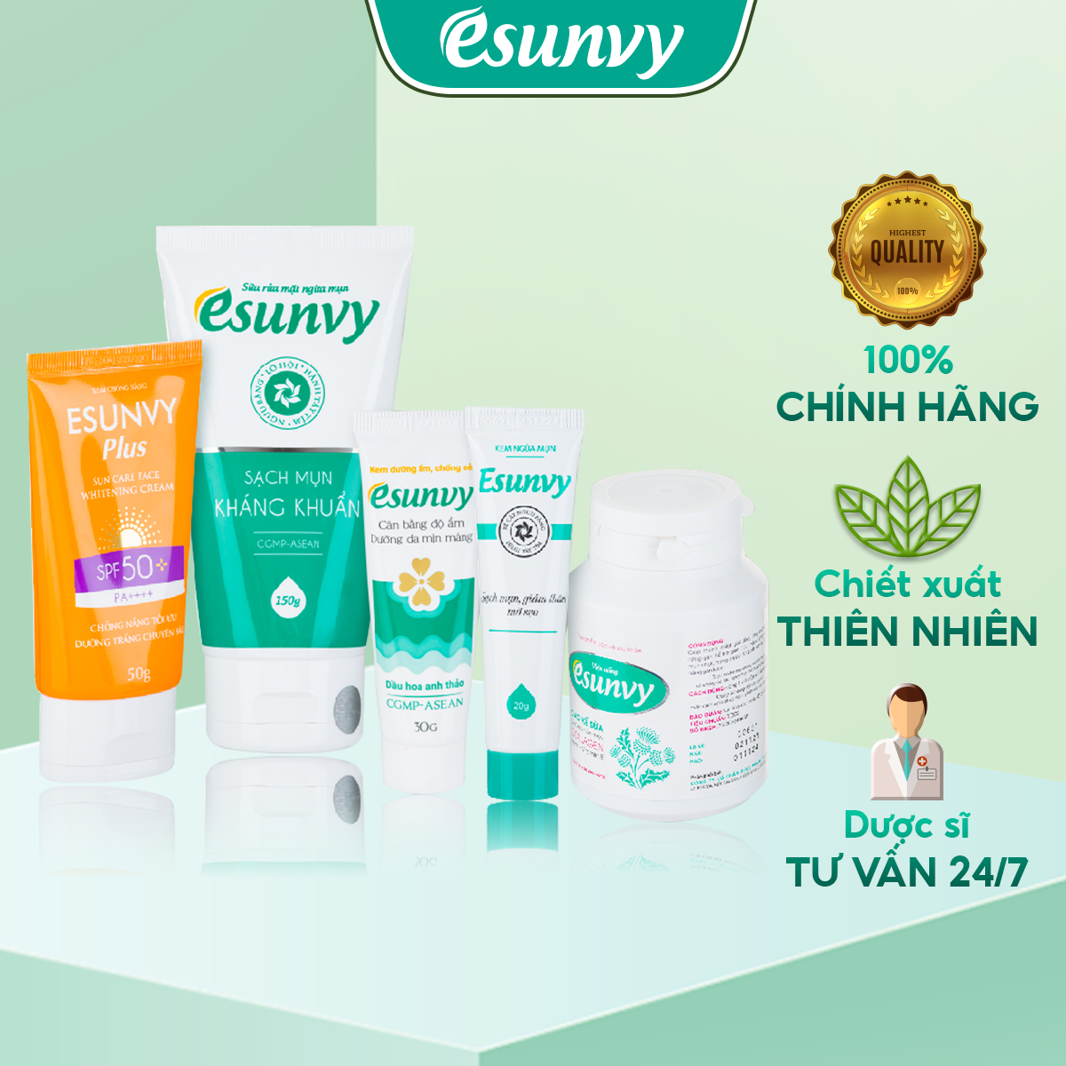 Bộ Chăm Sóc Da Mụn & Chống Nắng Trắng Da Chuyên Sâu Esunvy - Giúp Sạch Mụn, Hết Thâm, Mờ Sẹo, Hiệu Quả CSDMCNTD