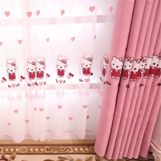 Rèm Cửa Thêu Họa Tiết Hello Kitty Màu Hồng Dễ Thương Hiện Đại - Trang Trí Phòng