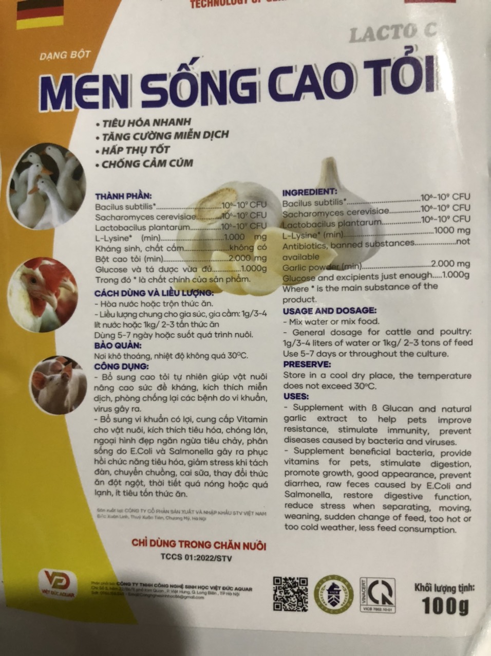 Thuốc thú y, Men sống cao tỏi, men tỏi (100g-VĐ) dùng cho chó, mèo, gia súc, gia cầm