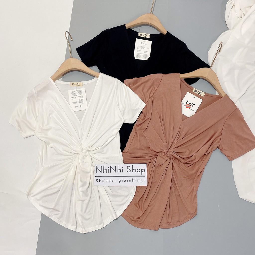 Áo thun dẻo rúm vạt giữa cổ tim ngắn tay, Áo kiểu thun lạnh co giãn AT1435 - NhiNhi Shop