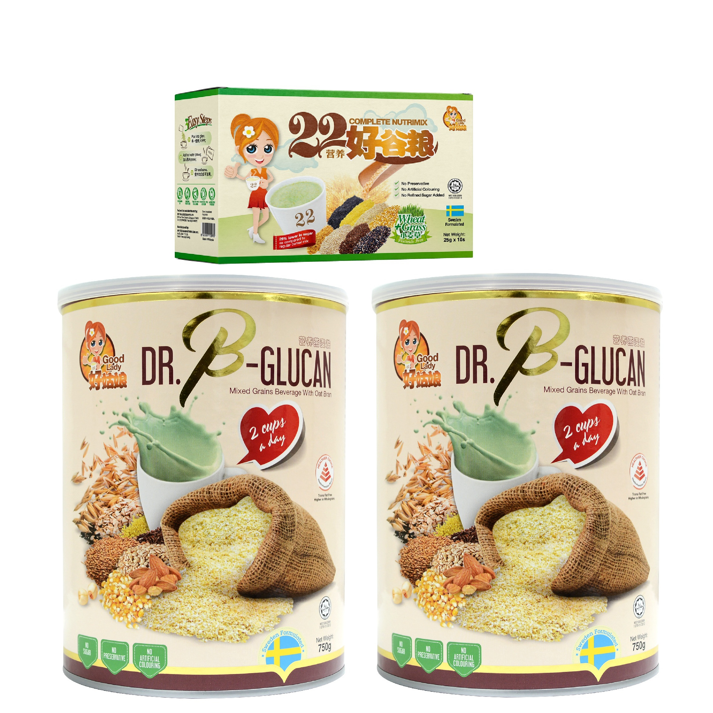 Combo 2 Hộp Bột ngũ cốc dinh dưỡng cao cấp Dr. B-Glucan (Dành cho người ăn kiêng hoặc tiểu đường) - hộp thiếc 750g + Tặng 1 Hộp Giấy 22 Nutrimix - Wheat Grass 250g