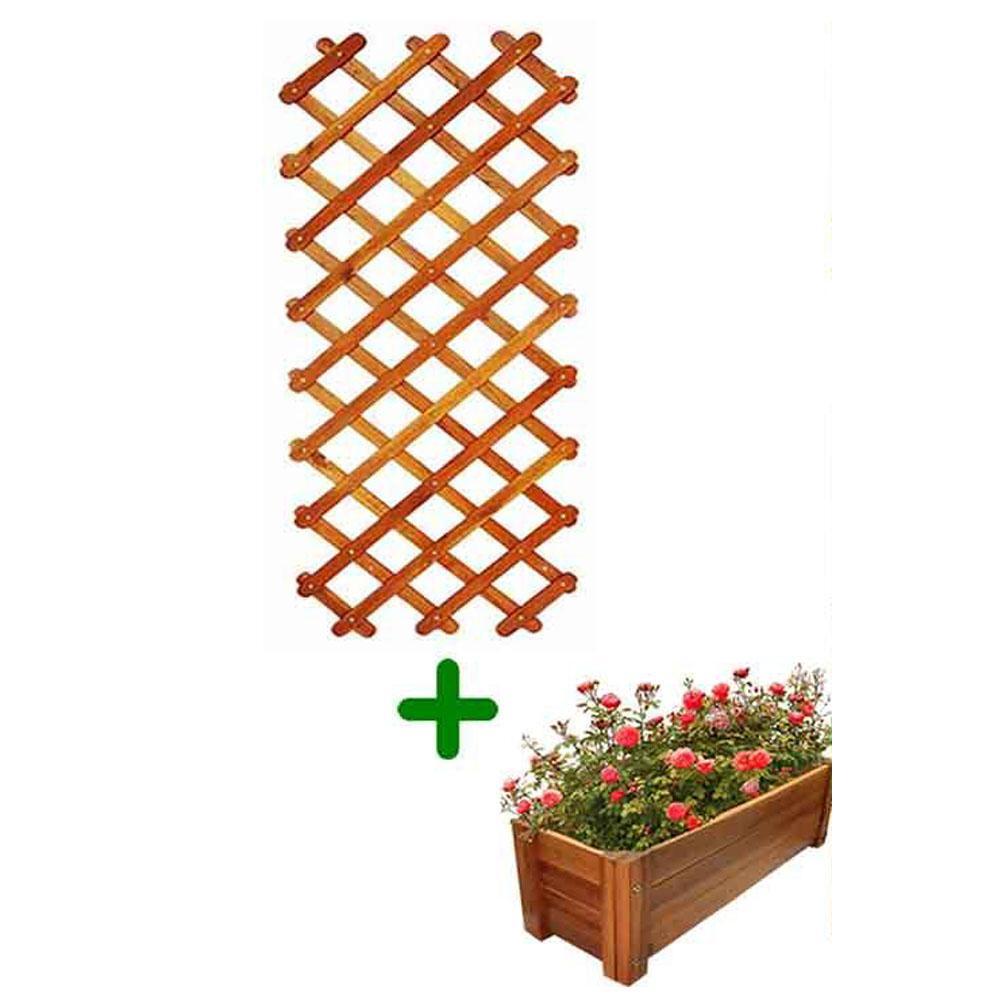 COMBO Khung giàn gỗ Caro C180cm & chậu gỗ chữ nhật D85cm GREENHOME-Trang trí sân vườn, trồng cây dây leo-chống mối mọt, chịu được mọi thời tiết