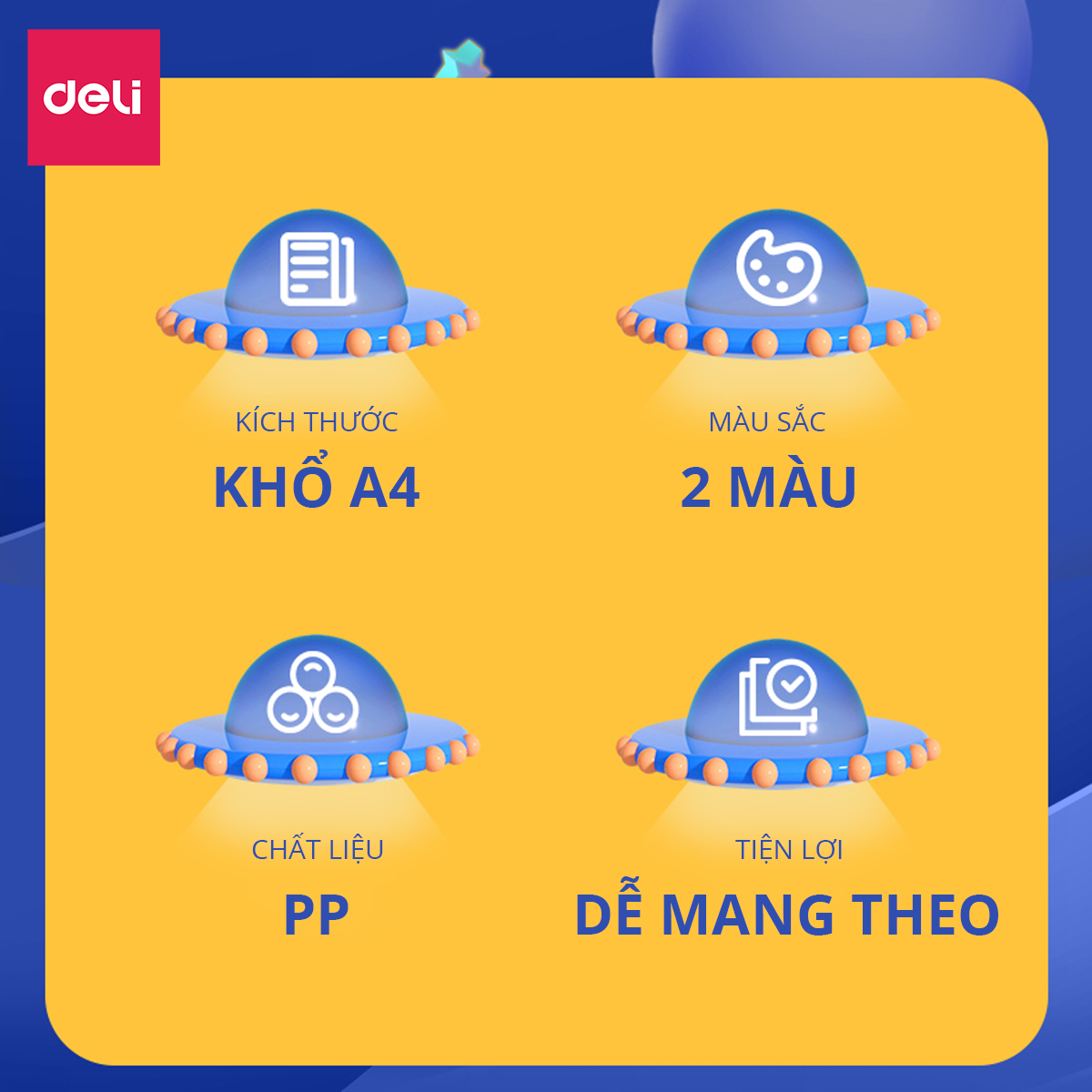 File lá học sinh sinh viên văn phòng khổ A4 Deli - 30/40 lá - Chất liệu nhựa PP cao cấp họa tiết phi hành gia độc đáo xinh xắn - 72665 / 72666