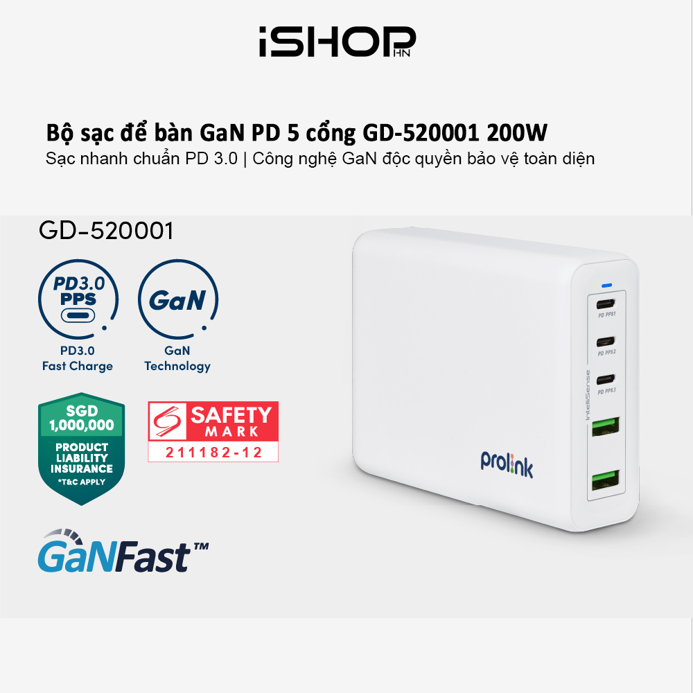 Củ sạc nhanh Prolink GD520001 5 cổng 200W (PD 3.0 & QC4+) công nghệ GAN phù hợp iPhone, Macbook, iPad, Laptop, Tablet - Hàng chính hãng