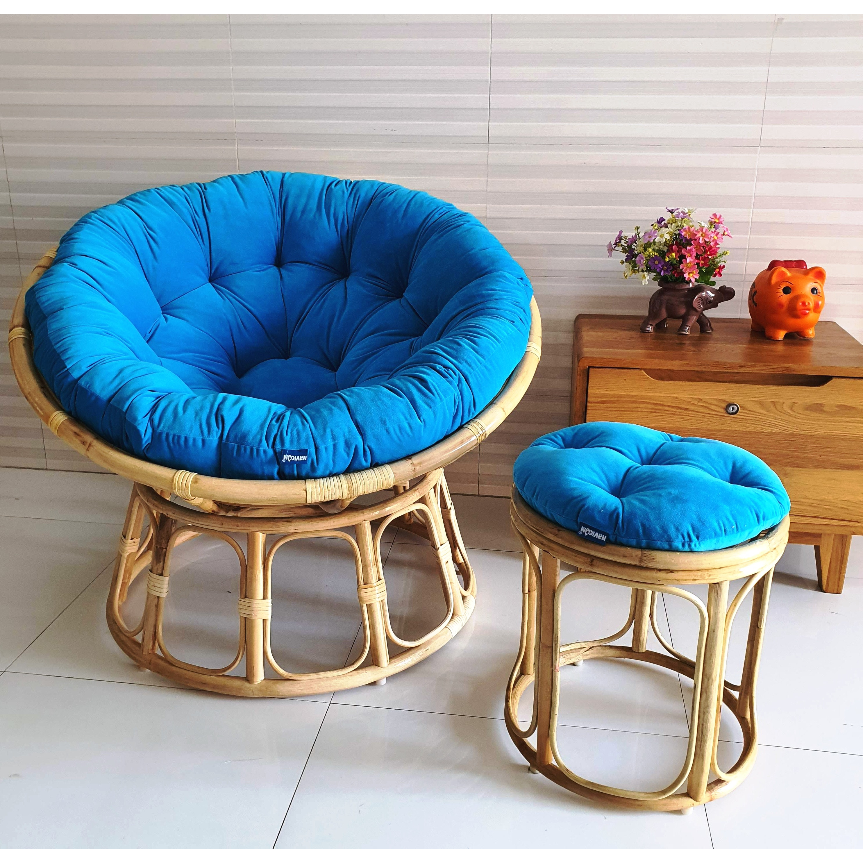 Bộ ghế thư giãn papasan + đôn nhỏ ( vải nhung cao cấp xanh biển)