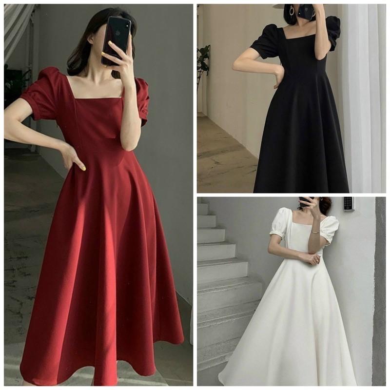 Đầm dự tiệc maxi Phong Cách Quyến Rũ Sang Trọng Thời Trang Thích Hợp Mặc Đi Dự Tiệc, Du Lịch Đầm váy xoè cổ vuông tay ngắn 3 màu