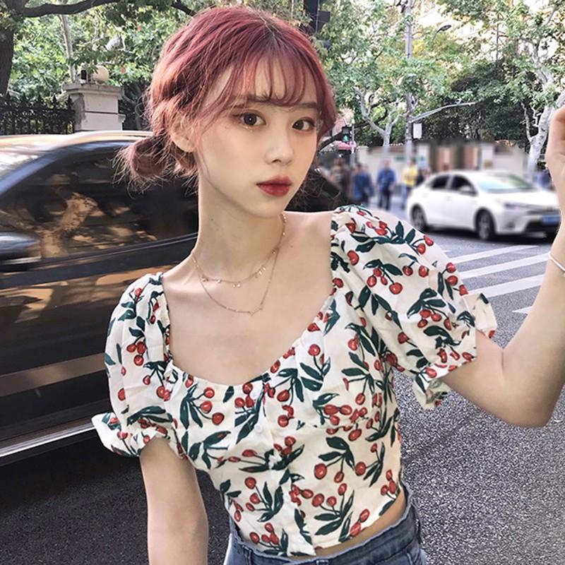 Áo Kiểu Tay Phồng Cổ Vuông Hoạ Tiết Hoa Phong Cách Vintage