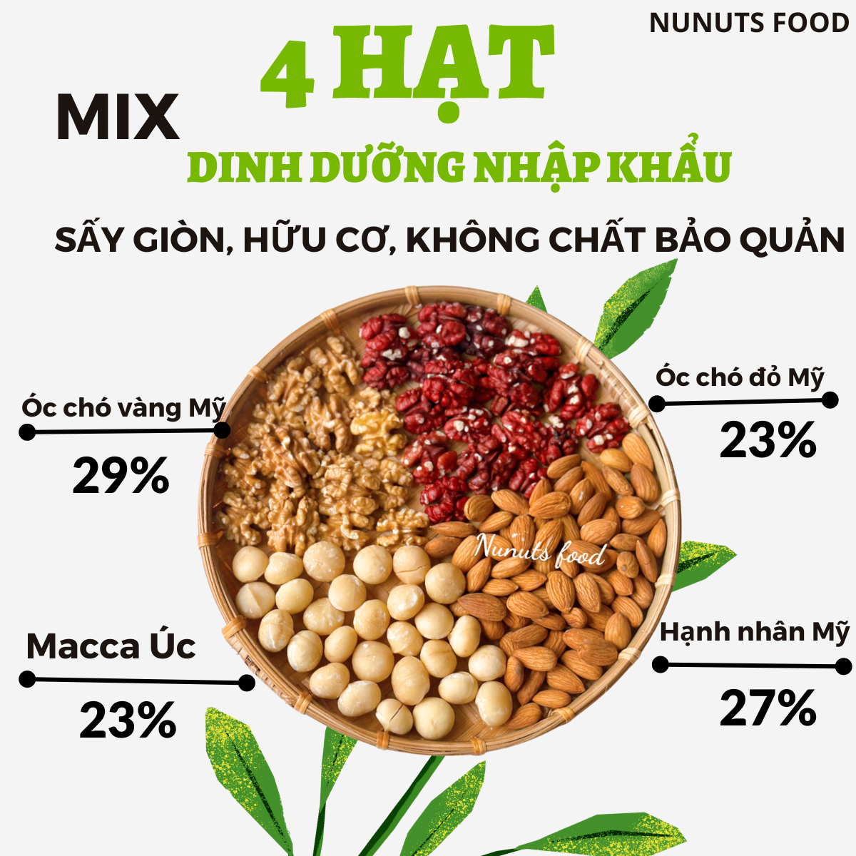 Mix hạt dinh dưỡng cho bà bầu gồm 4 loại hạt tách vỏ sấy giòn, nướng mật ong, làm sữa.