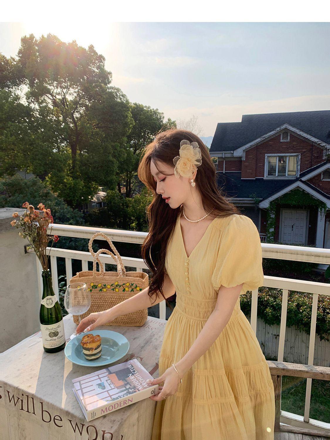TOBE1SHOP DbyDoi Pháp Vintage dịu dàng gió hiển thị gầy v-cổ tiên nghỉ mát gió váy đầm đầm dài cho trẻ em mùa hè