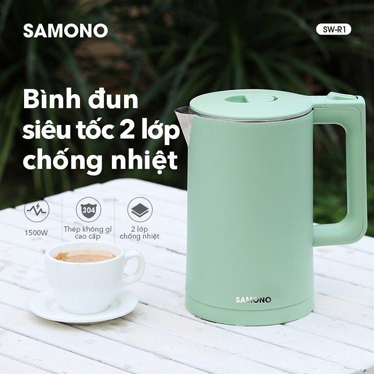 Ấm đun siêu tốc SAMONO SW-R1 2 lớp chống nhiệt công suất 1500W dung tích 1.8L inox 304 - Hàng chính hãng