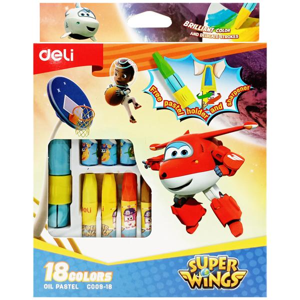 Hộp 18 Bút Màu Sáp Kèm Cây Cầm Bút &amp; Đồ Chuốt 2 Trong 1 - Super Wings - Deli EC009-18