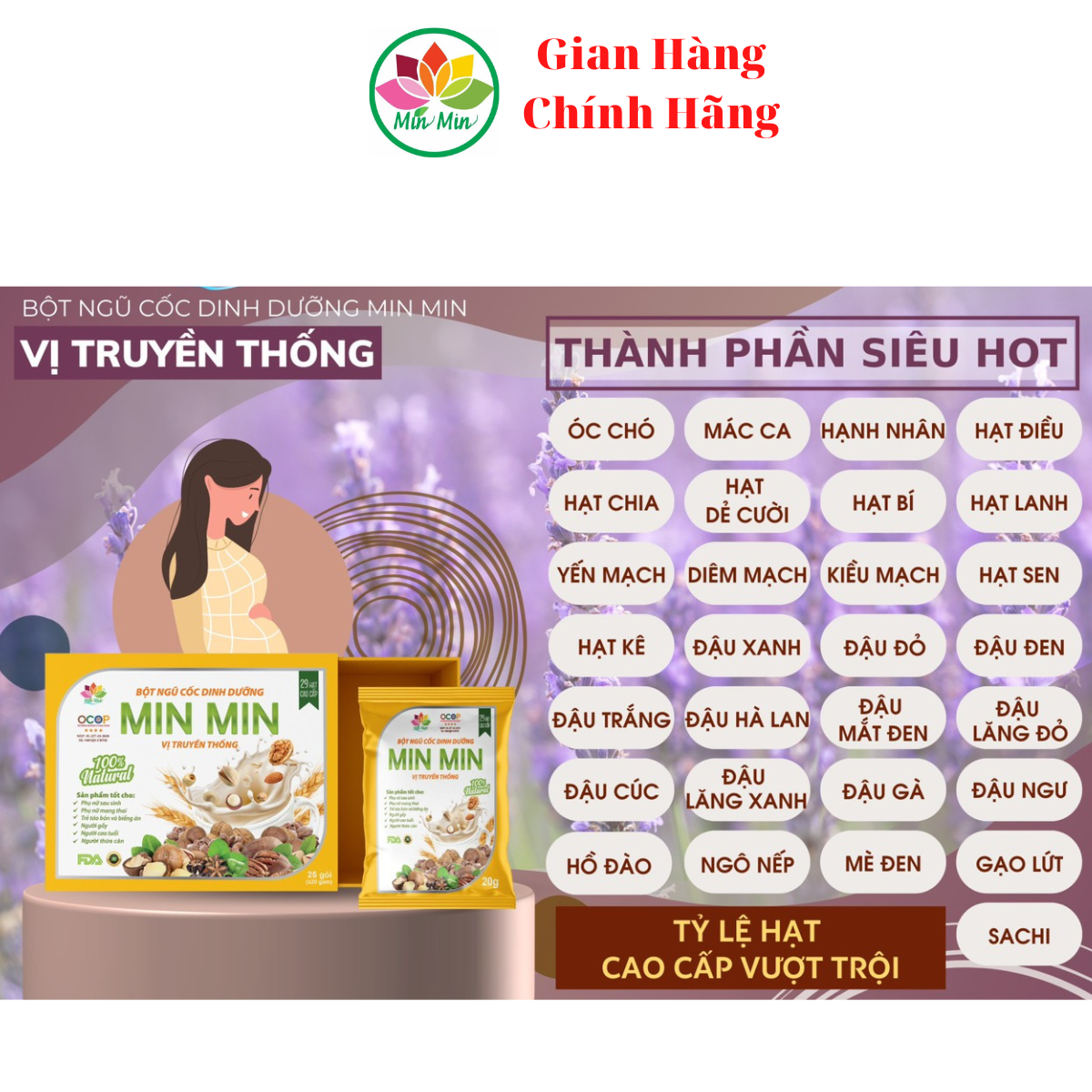 3 hộp(1.5kg) Ngũ Cốc Cao Cấp Lợi Sữa Min Min 29 Hạt _ Ngũ Cốc Bầu Dinh Dưỡng (1 hộp - 25gói)