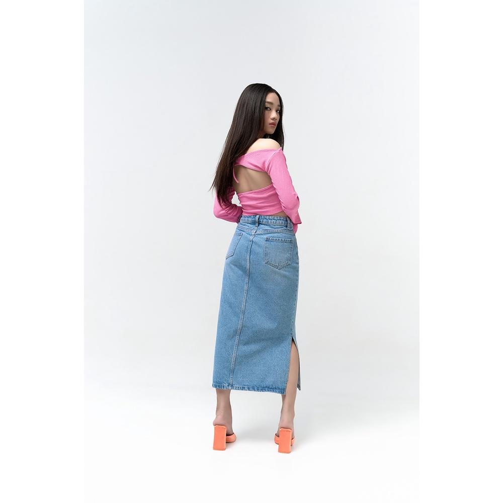 DOTTIE - Chân Váy Jean suông xẻ tà nữ xanh nhạt S0108