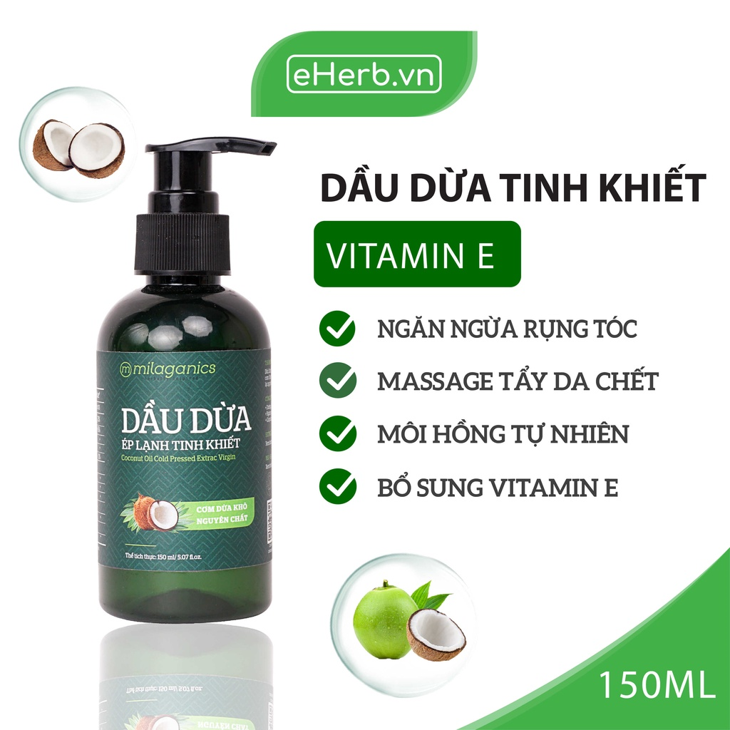 Dầu Dừa Ép Lạnh Tinh Khiết Milaganics Coconut Oil Cold Pressed Extract Virgin 150ml/Chai (New version)