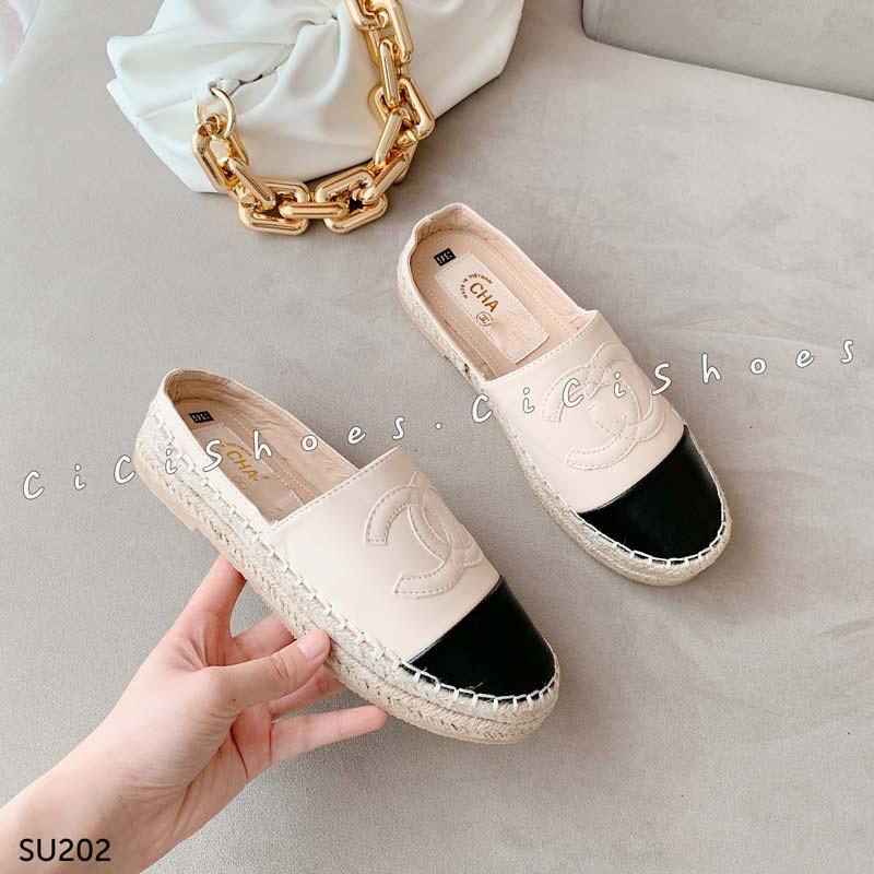 Slip on Cici Shoes da lì thêu mũi đen-SU202