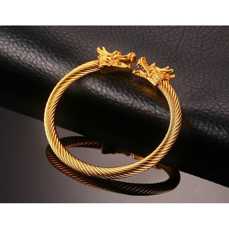 Vòng tay 2 đầu rồng đúc titanium cao cấp- Không phai màu