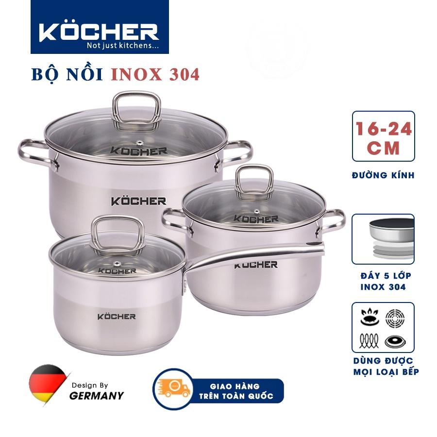 Bộ nồi inox 5 đáy KOCHER dành cho bếp từ size 16cm, 20cm, 24cm - Hàng chính hãng