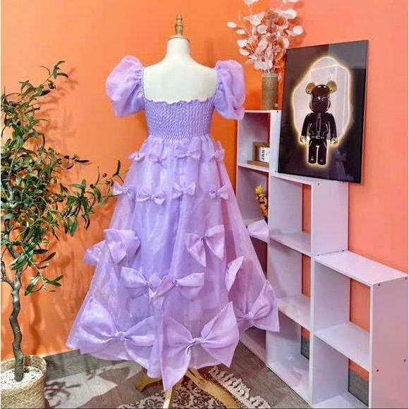 Váy đầm nữ maxi tơ lụa dáng xòe tay bồng phối nơ xinh xắn