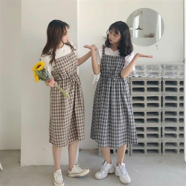 Váy yếm kẻ caro 2 dây chun eo nhẹ nhàng dáng dài ! *