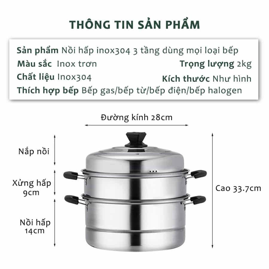 Nồi Hấp Inox Đa Năng 3 TẦNG 28CM Dùng Cho Cả Bếp Từ Và Bếp Ga Thiết Kế Hiện Đại Tiện Dụng