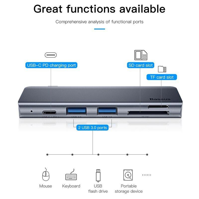 Bộ Hub chuyển đổi 5 trong 1 Baseus Harmonica Type C to USB 3.0, TF/SD Card Reader, Type C PD Adapter -Hàng Chính Hãng