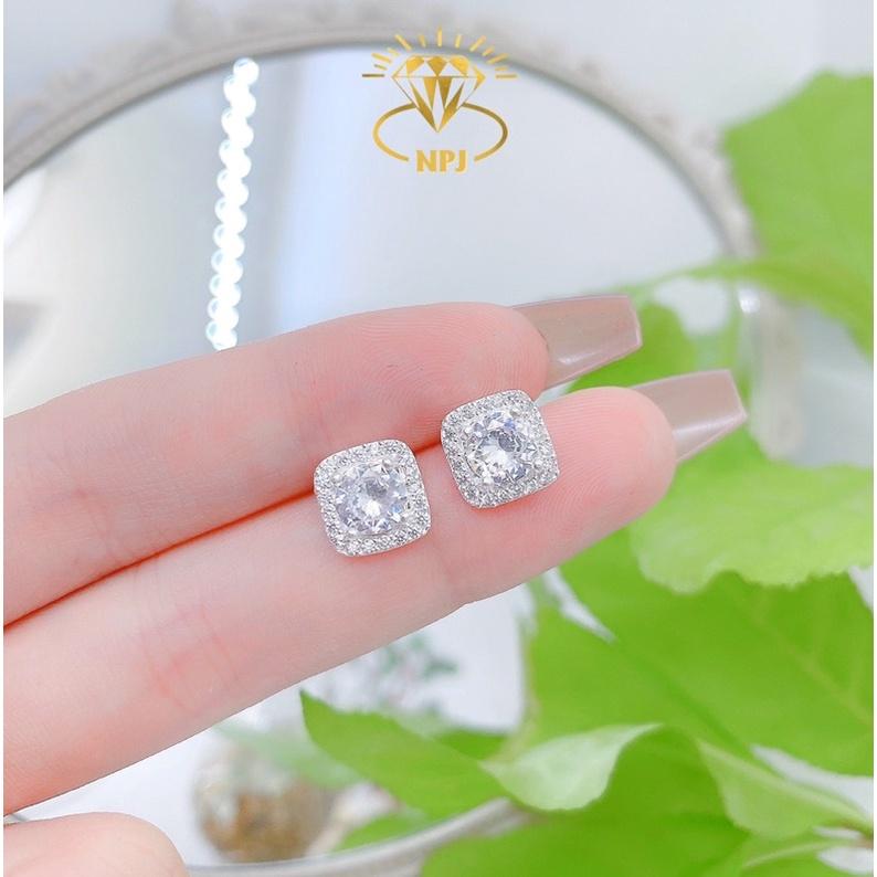 Bông tai đá vuông xinh xắn , hoa tai nữ Bạc Ta - Bạc npj