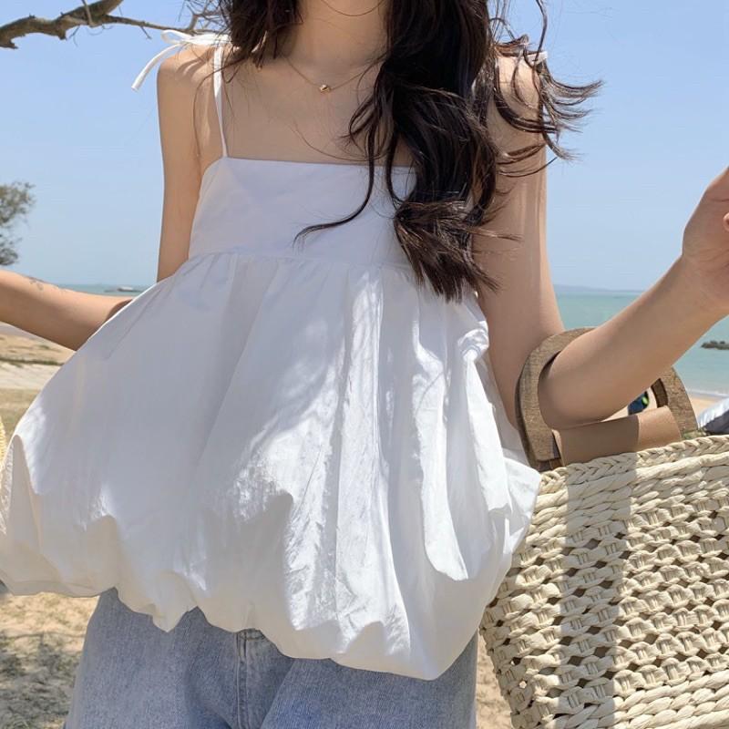 Áo hai dây thắt nơ dáng babydoll phồng mẫu summer 2021