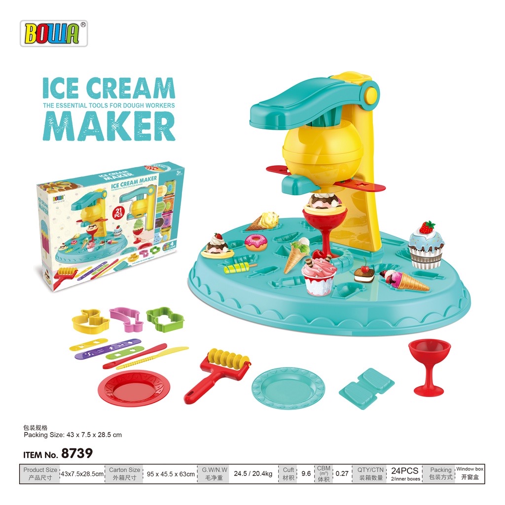 Bộ Đồ Chơi Đất Sét 21 Chi Tiết Chủ Đề Máy Làm Kem - Ice Cream Maker Color Dough Set Bowa 8739