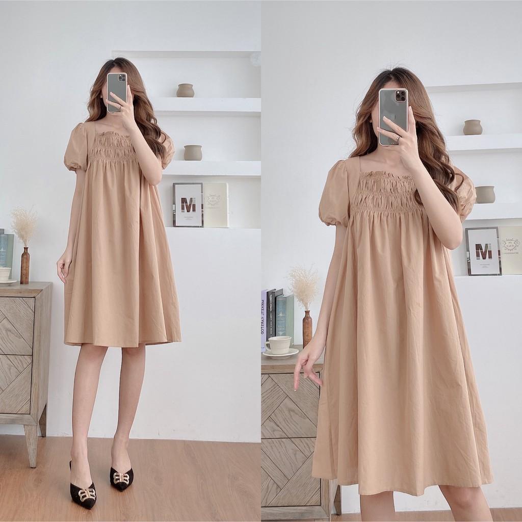 Váy suông cổ vuông chạy chun ngực, tay bo phồng, đầm xuông rộng freesize mã V169 - Michi's House