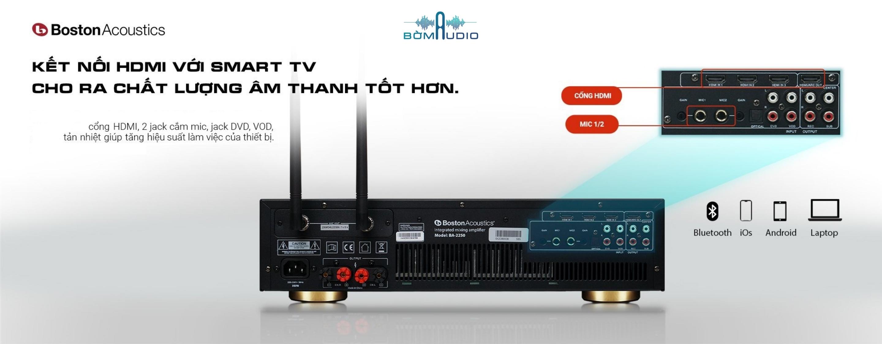 BOSTON ACOUSTICS BA-2250 | Ampli Karaoke Kỹ Thuật Số Cao Cấp - Tích Hợp Micro Không Dây + Mạch DAC Giải Mã Chất Lượng Cao Qua cổng HDMI và Optical - Kết nối USB tiện dụng + Bluetooth thời thượng - Công suất 300WKênh x 8 Ohms | Hàng Chính Hãng _ Mới 100%