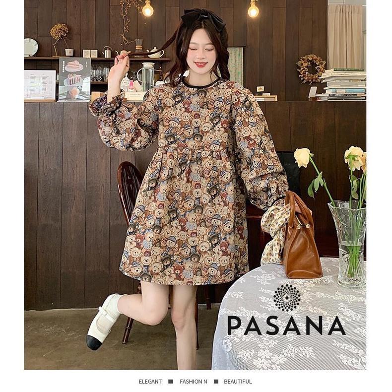 Váy nữ đầm mùa thu họa tiết gấu tay áo phồng dáng ngắn xinh xắn Pasana0008v