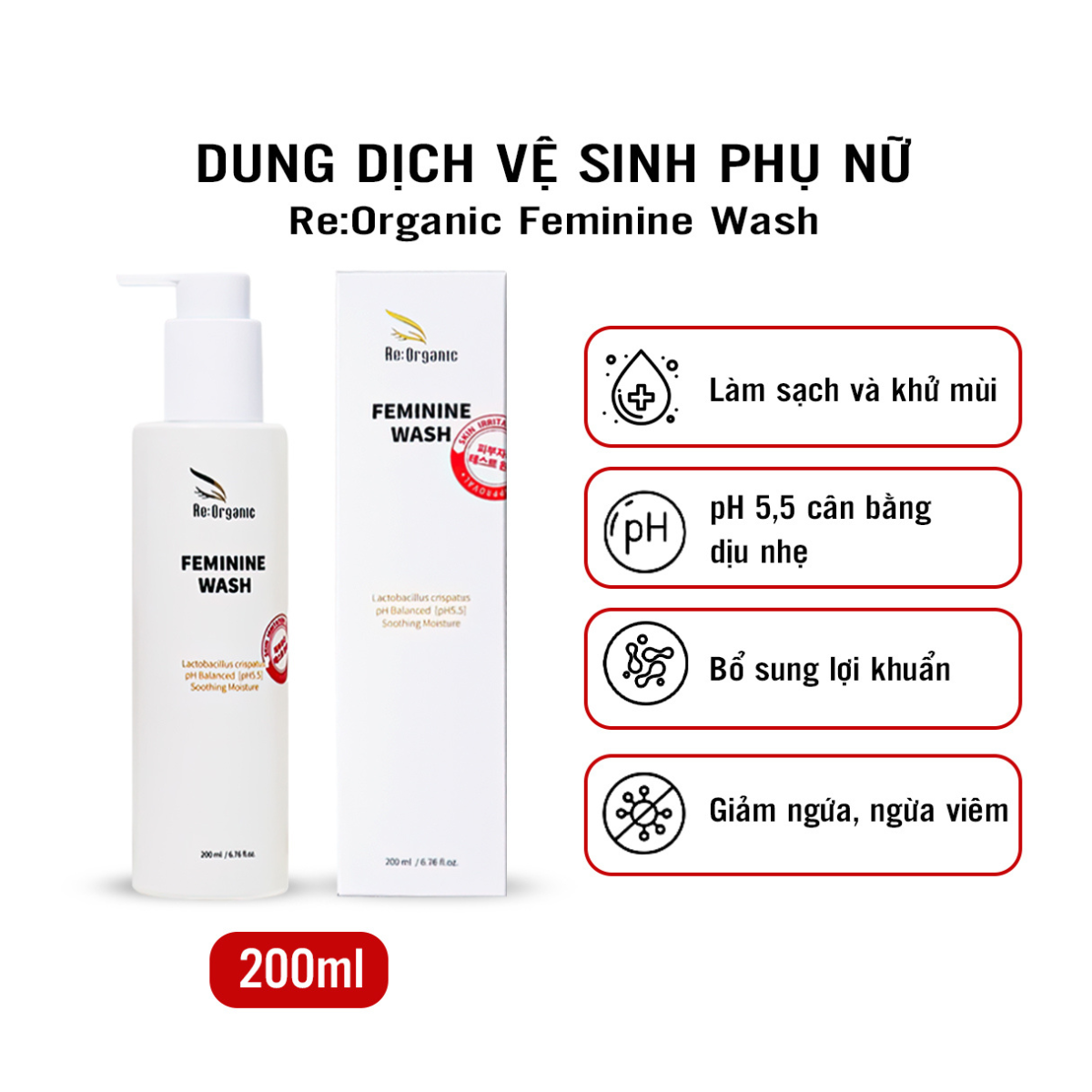 Dung dịch vệ sinh phụ nữ Re:Organic Feminine Wash 200ml Hàn Quốc, gel làm sạch, khử mùi hôi, cân bằng pH, vệ sinh phụ khoa dùng cho cả Nam và Nữ