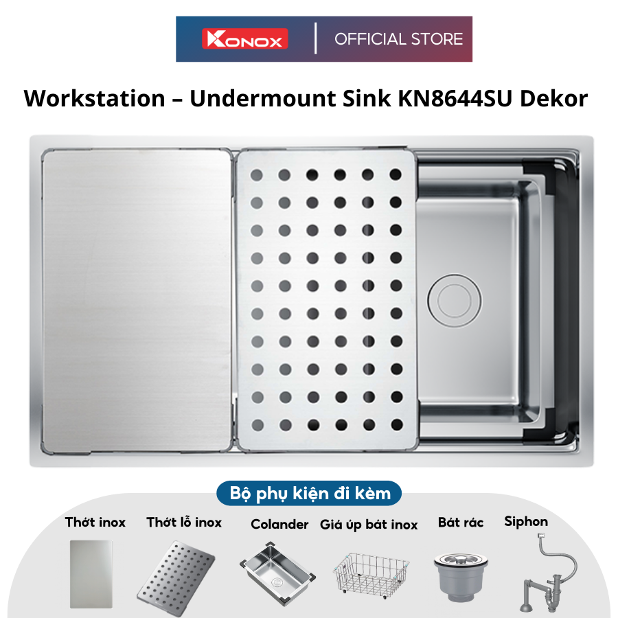 Chậu rửa bát chống xước KONOX Workstation – Undermount Sink KN8644SU Dekor - Bảo hành chính hãng 10 năm