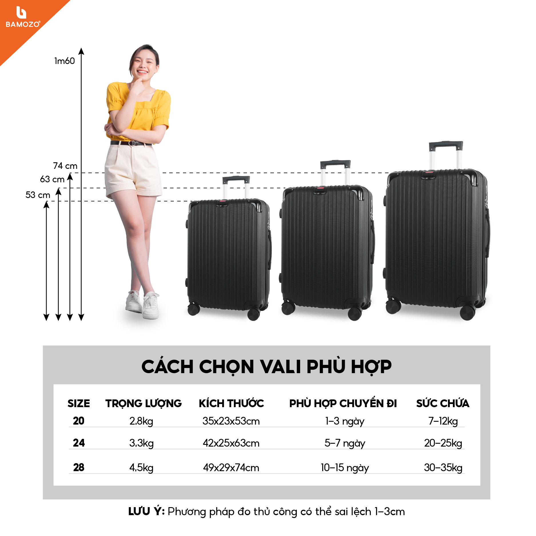 Vali du lịch BAMOZO 8809 vali kéo nhựa được bảo hành 5 năm