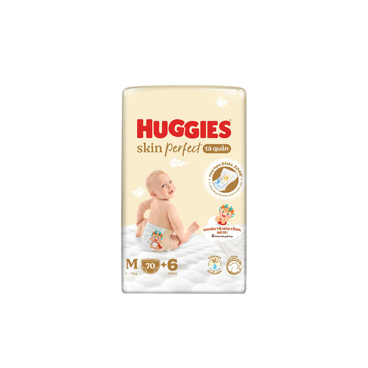 Tã quần Huggies Skin Perfect phiên bản Rồng giới hạn Super Jumbo M70+6 miếng với 2 vùng thấm giảm kích ứng da