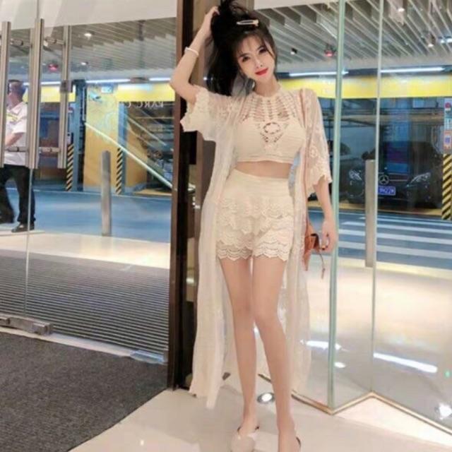 Set ren đi biển 3 món bra yếm- sóc tầng giả váy - choàng dài