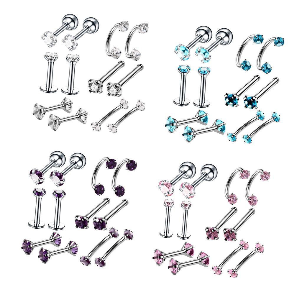 12pcs Stainless Steel Colored Zircon Lip Nose Nail Piercing Jewelry