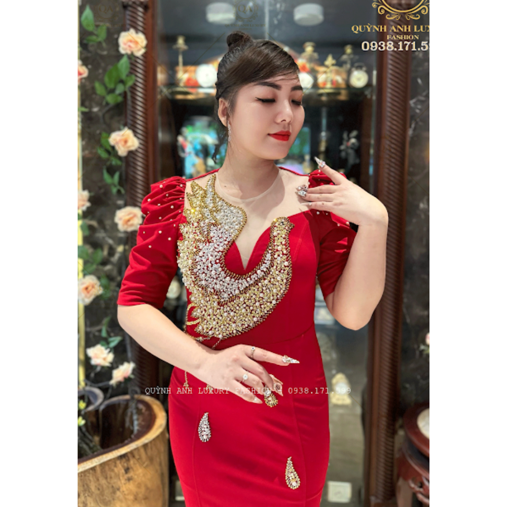 Đầm Dạ Hội Đỏ Mẫu Chim Công Pha Lê Sang Trọng Cao Cấp Amity Dress