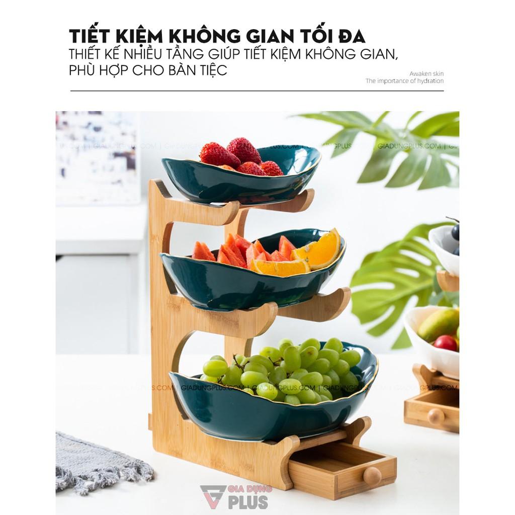 Đĩa Trái Cây Gốm Sứ Nhiều Tầng Kèm Kệ Gỗ Sang Trọng | Màu Xanh Ngọc Lục Bảo & Màu Trắng | Phong Cách Bắc Âu