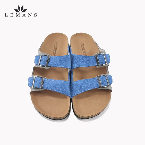 Dép Da Nubuck Phối 2 màu Xanh-Xám Đế Trấu Quai Ngang LEMANS May Sandals - Blue&amp;Grey. Quai điều chỉnh. Bảo hành 6 Tháng