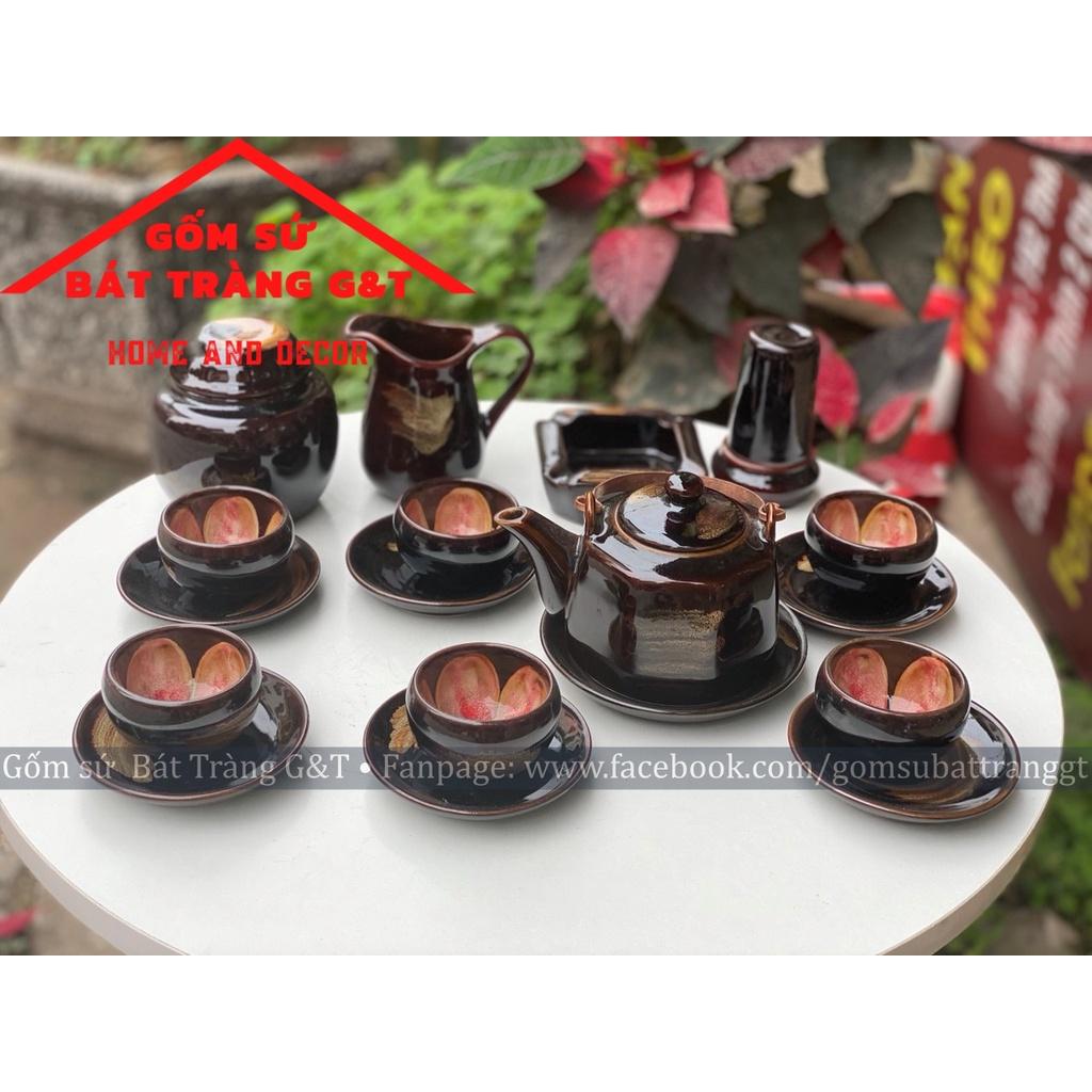 Ấm chén hoả biến Bát Tràng lục giác nâu mật hoa đỏ