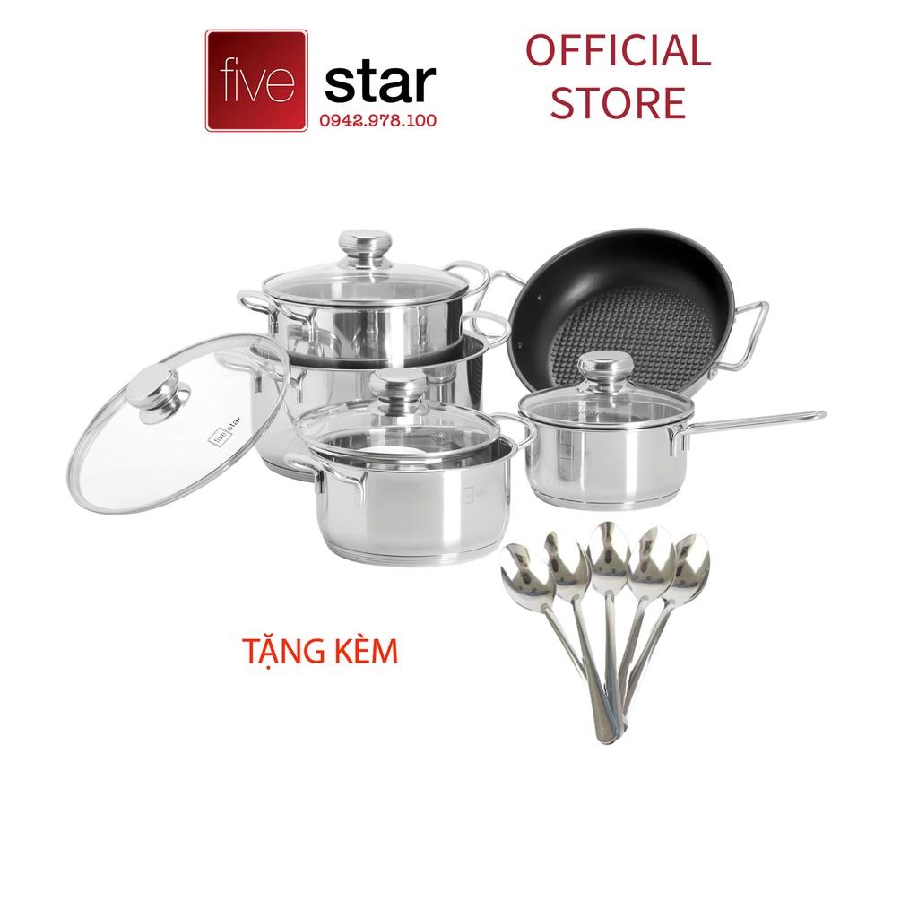 Bộ Nồi 5 Đáy Cao Cấp Bếp Từ Fivestar FSB55D001 Nắp Kính Inox 430 , tặng 1 vá canh