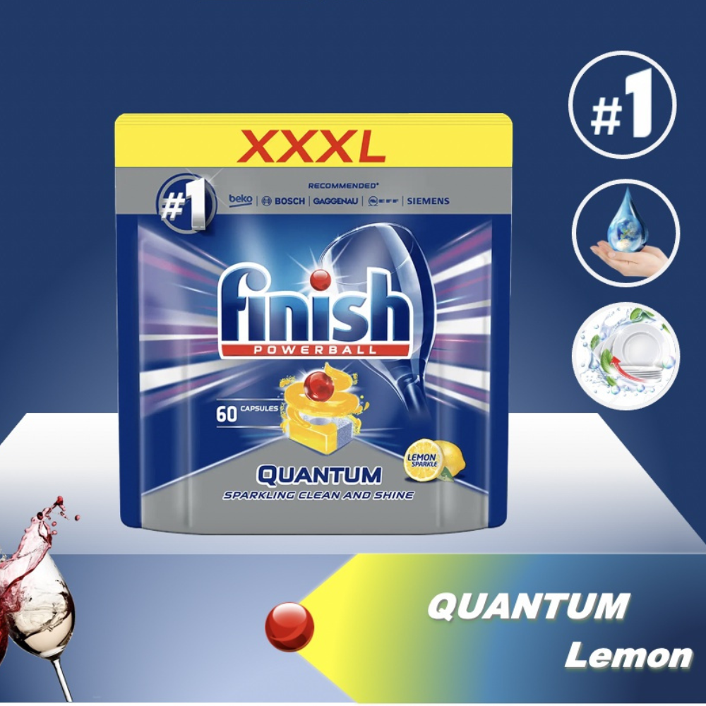 Viên rửa chen cao cấp FINISH Quantum max hương chanh (60 viên) - Dành cho máy rửa chén - Nhập khẩu tại Đức