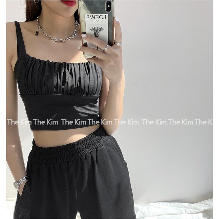 ┇✗Áo 2 dây cổ U nhún ly ngực croptop , thun chất cotton co giãn tôn dáng The Kim A102