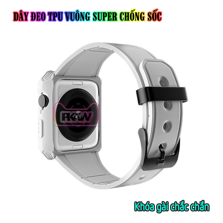 Dây Đeo liền ốp dành cho Apple Watch 7/6/5/4/3/2/1 size 38/40/41/42/44/45mm TPU vuông SUPER chống sốc - nhiều màu (tặng cường lực dẻo theo size)