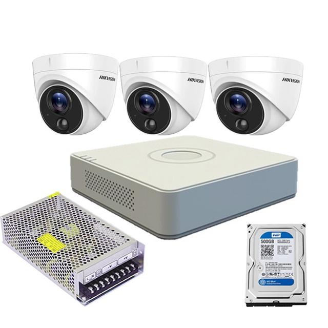 Trọn bộ 3 camera bán cầu HIKVISION tích hợp cảm biến PIR + đèn. Đầu ghi hình 4 kênh Analog Turbo HD, hình ảnh HD - Hàng Chính Hãng