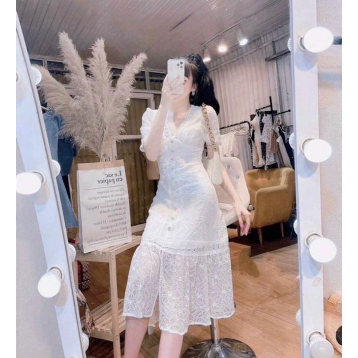 Đầm midi trắng ren hoa đuôi cá Fishy Dress