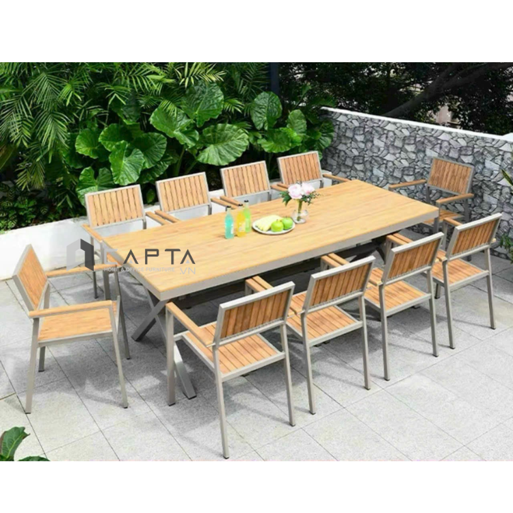 Bàn ăn lớn ngoài trời dài 2m2 TE2035-220A Nội thất Capta Bàn sân vườn biệt thự, Bàn dài cho Farmstay mặt nhựa giả gỗ bền với nắng mưa chân chữ X chéo cho 8  - 10 ghế