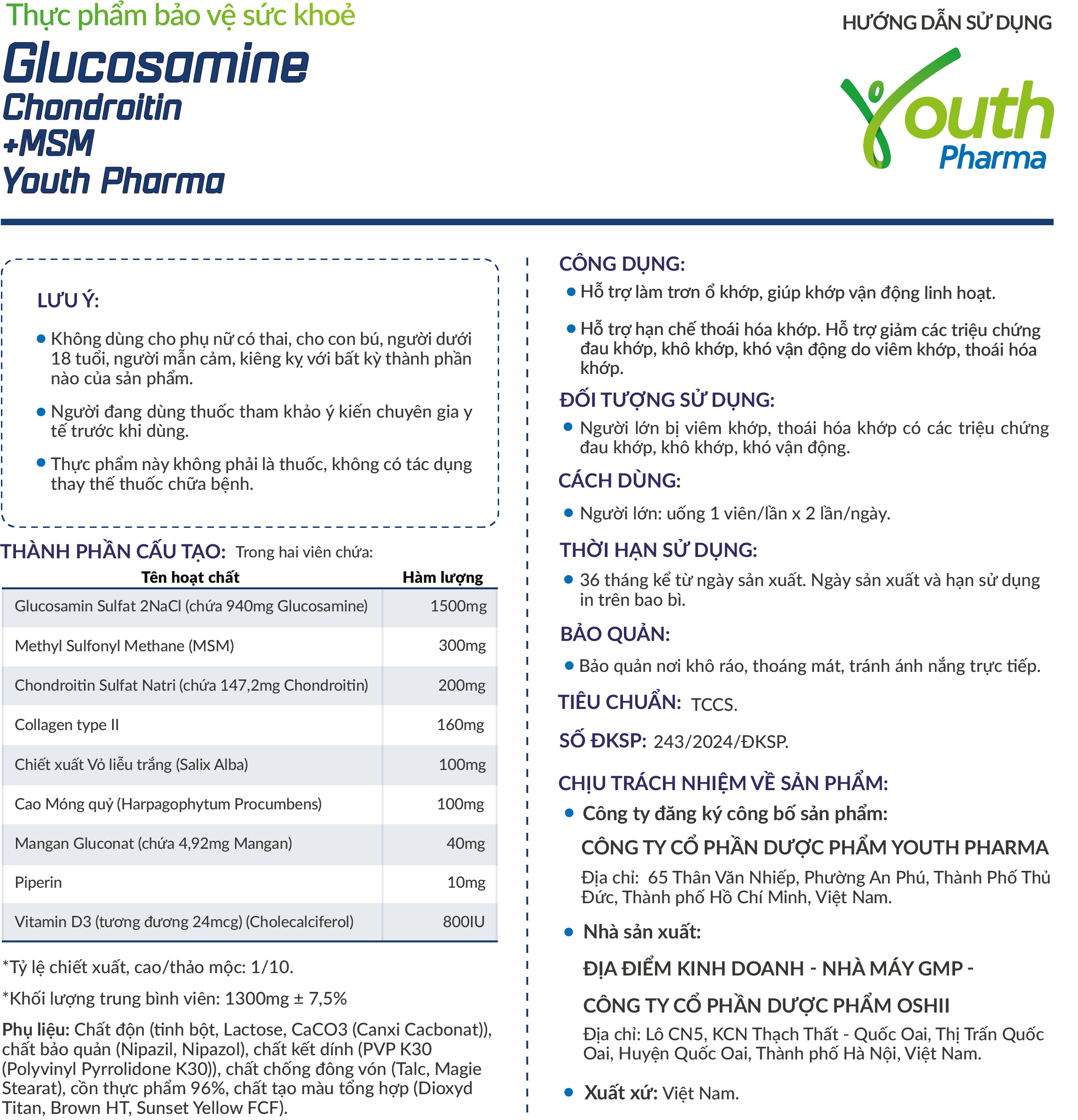 Viên Uống Glucosamine Chondroitin +MSM Youth Pharma Hỗ Trợ Làm Trơn Ổ Khớp, Giúp Khớp Vận Động Linh Hoạt. Hộp 30 Viên